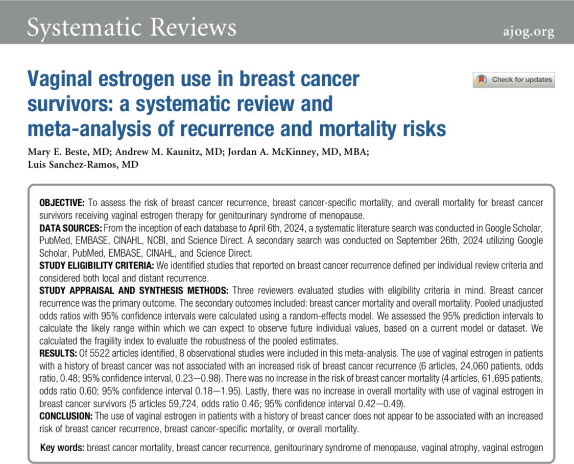 El uso de #estrógenos vaginales en supervivientes de #cáncer de mama no aumenta el riesgo de recurrencia ni la mortalidad.
📚Revisión sistemática  y metanálisis 2025 en <a href="/AJOG_thegray/">AJOG</a>   
ajog.org/action/showPdf…