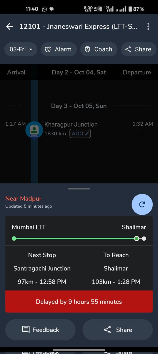 KB16_biswas's tweet photo. Train No: 12101  Jnaneswari Express 
The train is currently running 10 hrs late.
It was scheduled to reach Shalimar at 4:35 AM and will now reach by 2:30 PM.
May I know the reason behind this, and do they really care about our time.
@AshwiniVaishnaw @IRCTCofficial @RailMinIndia https://t.co/tpTmnU0SQc