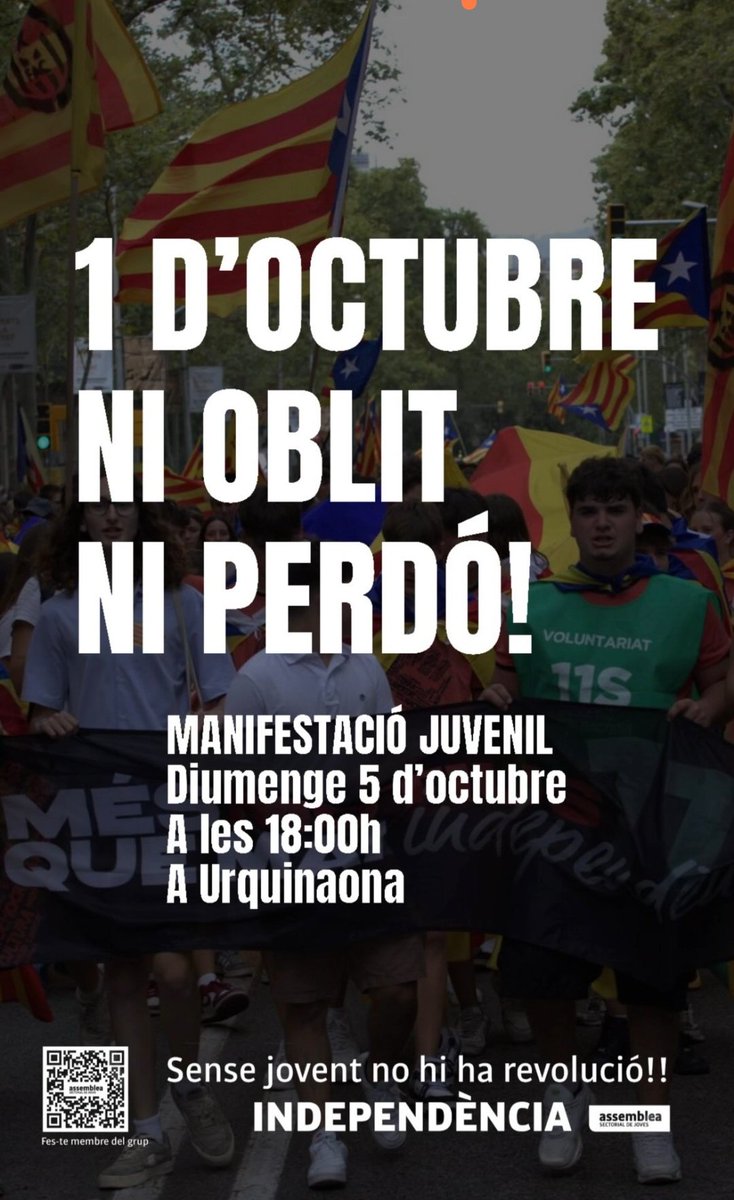 Ni oblit, ni perdó! 👊🏻

Ens veiem aquesta tarda a Urquinaona, no hi falteu. 🫵🏻

L'alliberament de Catalunya dependrà dels joves nacionalistes. 
Visca Catalunya lliure! ⋆X