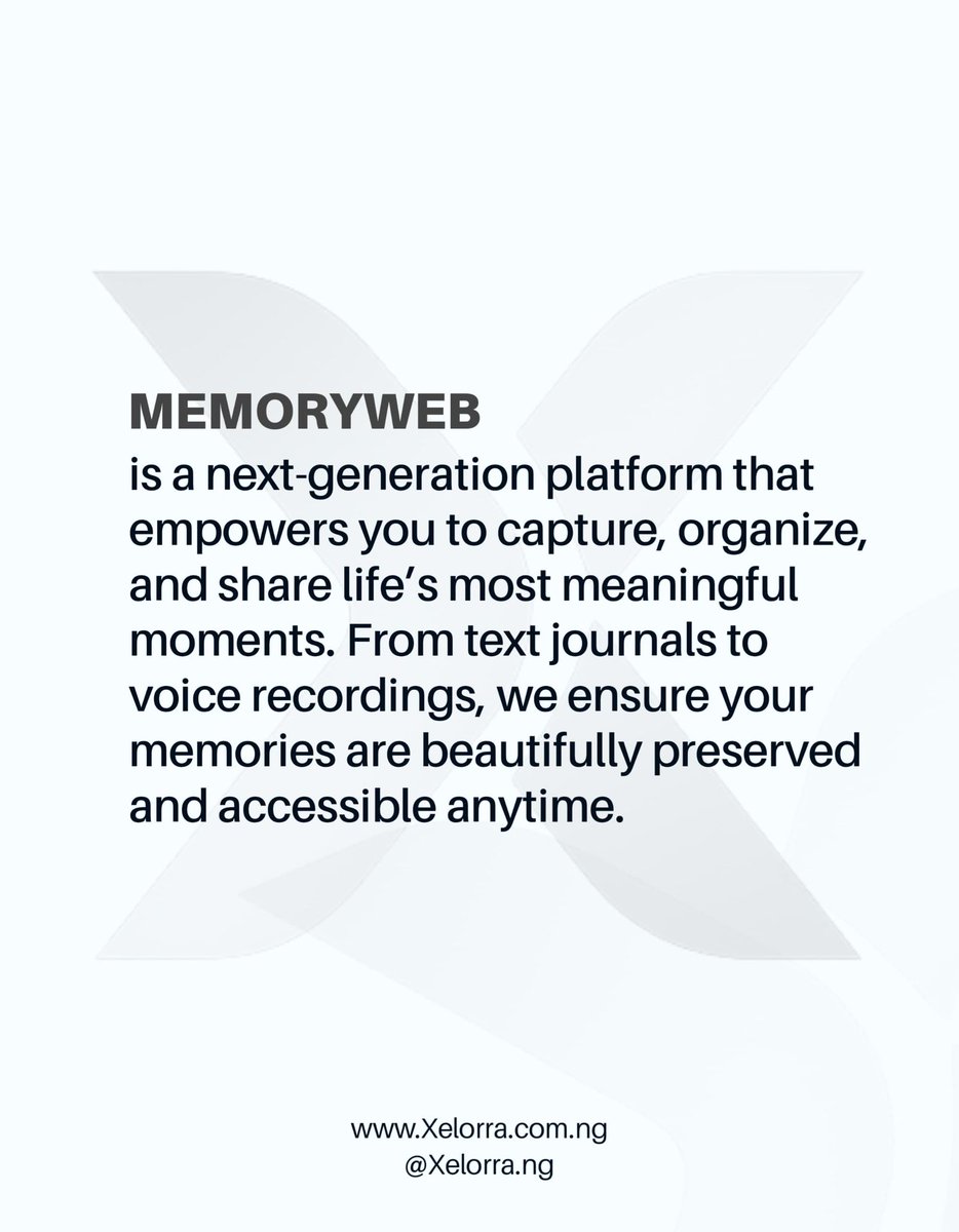 xelorra's tweet image. Preserve. Relive. Inspire. 💡
your memories are more than just moments they’re your story, your voice, your legacy.

MemoryWeb empowers you to keep your journey alive and accessible anytime.

Let’s redefine how memories are kept in the digital age
#xelorra