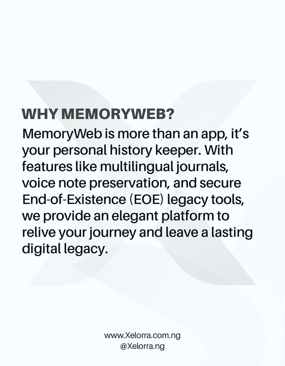 xelorra's tweet image. Preserve. Relive. Inspire. 💡
your memories are more than just moments they’re your story, your voice, your legacy.

MemoryWeb empowers you to keep your journey alive and accessible anytime.

Let’s redefine how memories are kept in the digital age
#xelorra
