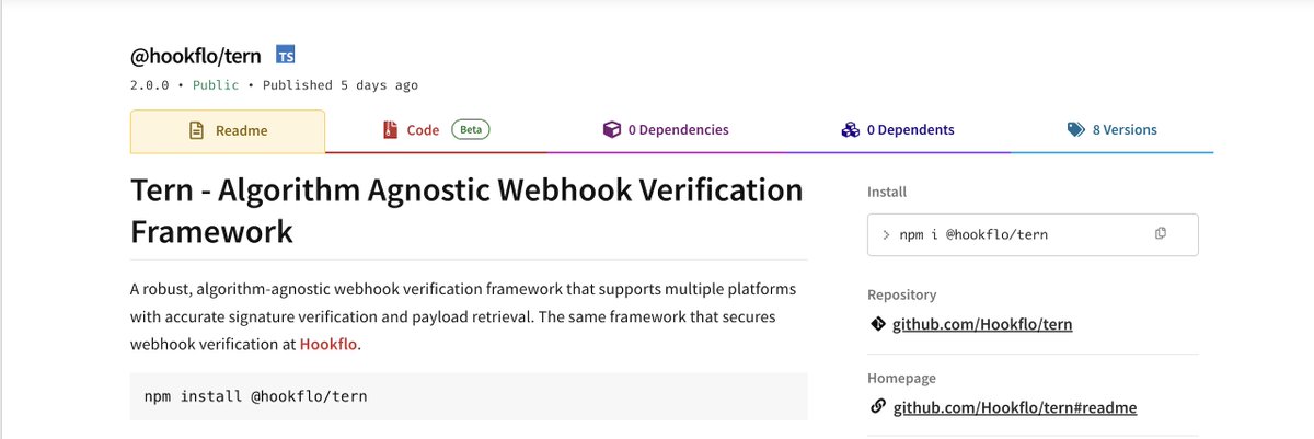 💡 Every dependency is a potential threat.
       hookflo/tern is built with none.
 - Zero deps, zero transitive dependency, zero attack  surface
 - No version drift
 - Fully auditable
 - Enterprise-safe &amp; cross-platform,  easy migration from one platform to other.
The ultimate