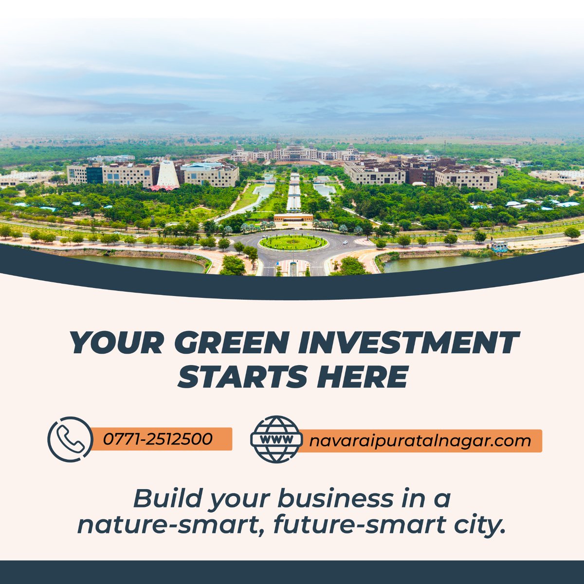 NavaRaipur's tweet photo. Nava Raipur is building a pollution-free zone that nurtures innovation without harming the planet. With competitive land pricing, quick clearances, and world-class infrastructure, it’s the ideal destination for clean and future-focused enterprises.

Call 0771-2512500 | Log in: https://t.co/qWIRQ6PQoQ

Partner with Nava Raipur and power the next wave of green growth.

#NavaRaipur #investinnavaraipur #FutureReady #ZeroPollutionZone #GreenGrowth #smartcity #SustainableGrowth
