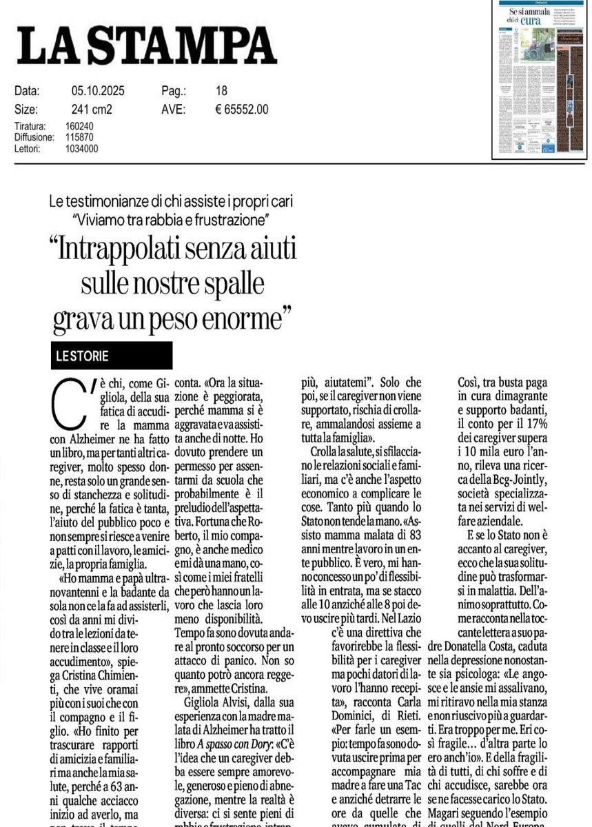 In Italia, oltre 7 mln di caregiver (soprattutto donne) assistono familiari anziani senza aiuti pubblici: solo il 6% degli over 65 ha cure domiciliari, per poche ore l'anno. Storie di solitudine e sacrificio che rischiano di far crollare il welfare familiare.