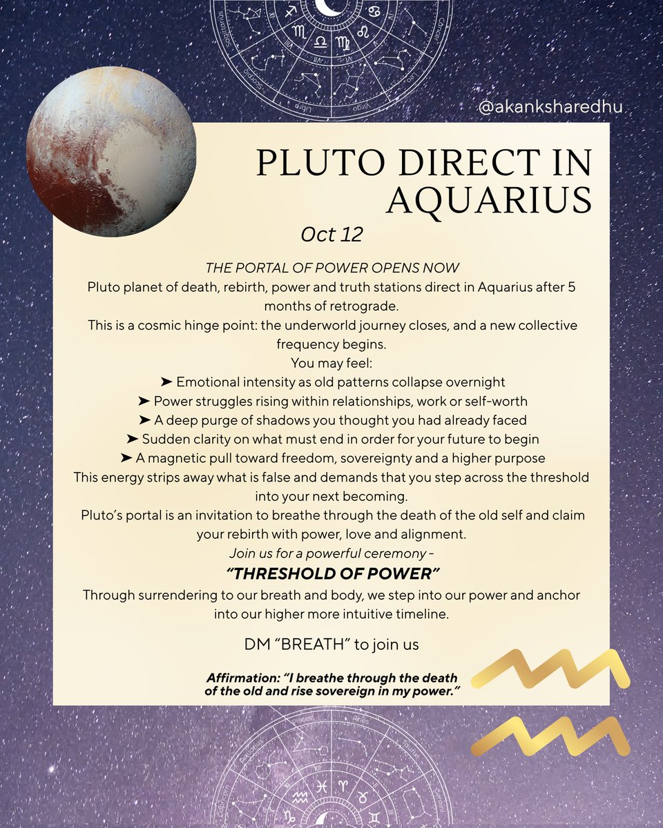 After 5 months of retrograde, #Pluto stations direct in #Aquarius on Oct 13th &amp; we are going in PREPARED.

This is the closing of an underworld portal &amp; the opening of a golden threshold
📍 OCT 12, 12pm IST 
Join our LIVE ONLINE #BREATHWORK at:
akanksharedhu.graphy.com/courses/68da49…

#Astrology