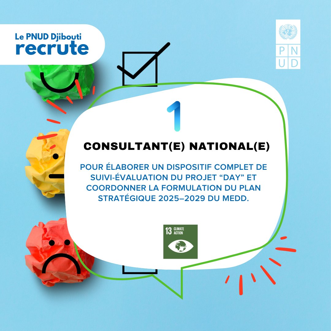 PNUDDjibouti's tweet photo. 📢 Le @PNUDDjibouti et le MEDD recrutent un.e consultant.e en suivi-évaluation pour le projet de la forêt du Day 🌳

🗓️ Candidature avant le 12 octobre à 10h
🔗 Détails ici 👉 https://t.co/0zbo5aaBqd

#Djibouti #Consulting #Environnement #UNDP https://t.co/c4arwOLHxL