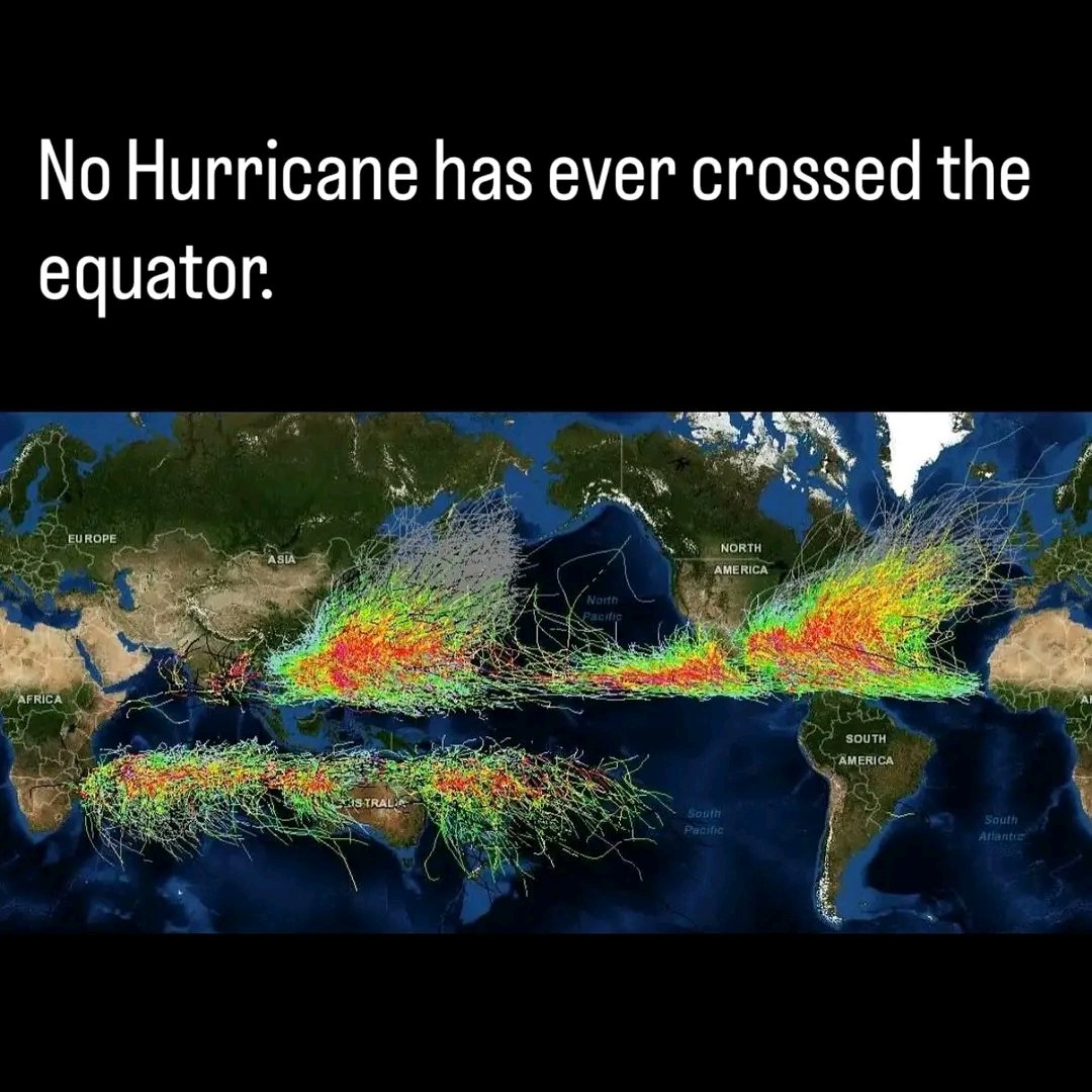 EruditeLuminary's tweet photo. Hurricanes depend on the Coriolis effect, a force created by Earth’s rotation that causes storms to spin counterclockwise in the Northern Hemisphere and clockwise in the Southern. Yet at the equator, this force disappears. 
(Check "ALT") https://t.co/sBTOvNAsYA