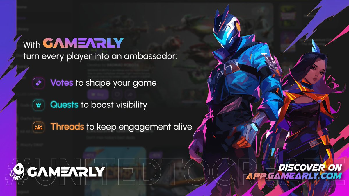 Gamearly's tweet photo. 📢 Making your game is hard.
🎯 Getting it noticed is harder.

With GAMEARLY, turn every player into an ambassador:

🗳 Votes to shape your game
🎯 Quests to boost visibility
💬 Threads to keep engagement alive
🔗 https://t.co/STqUweB3dt

#UnitedToCreate #IndieDev #gaming #jeuxvideo #communitybuilding