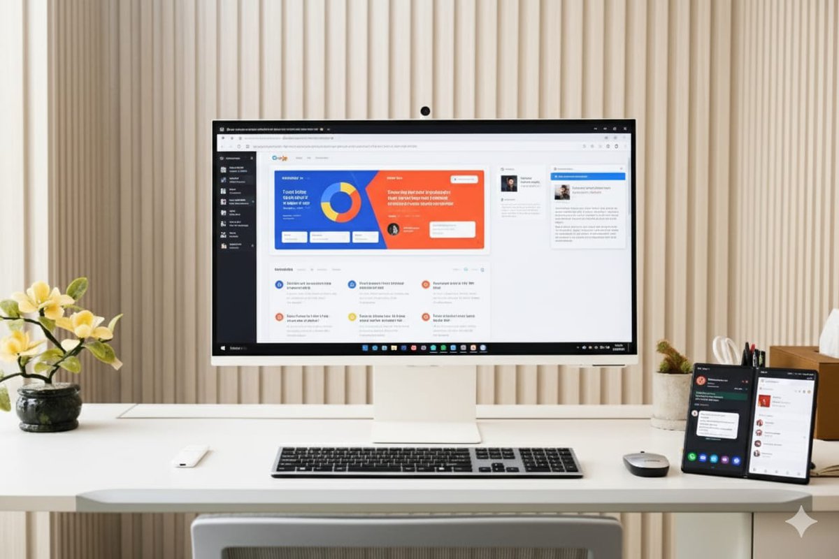 captainlynnnn's tweet photo. AKU ENGGAK BISA LAGI KERJA TANPA SET UP INI! 🤯

Bayangin lagi susun bahan presentasi di layar Samsung Monitor M8 yang super jernih!

Ada ide dadakan? Langsung ke Galaxy Z Fold7 5G yang standby di sebelah. Gemini siap bantu brainstorming, WhatsApp buat quick chat. Sat set banget! https://t.co/D1boxL9N3s