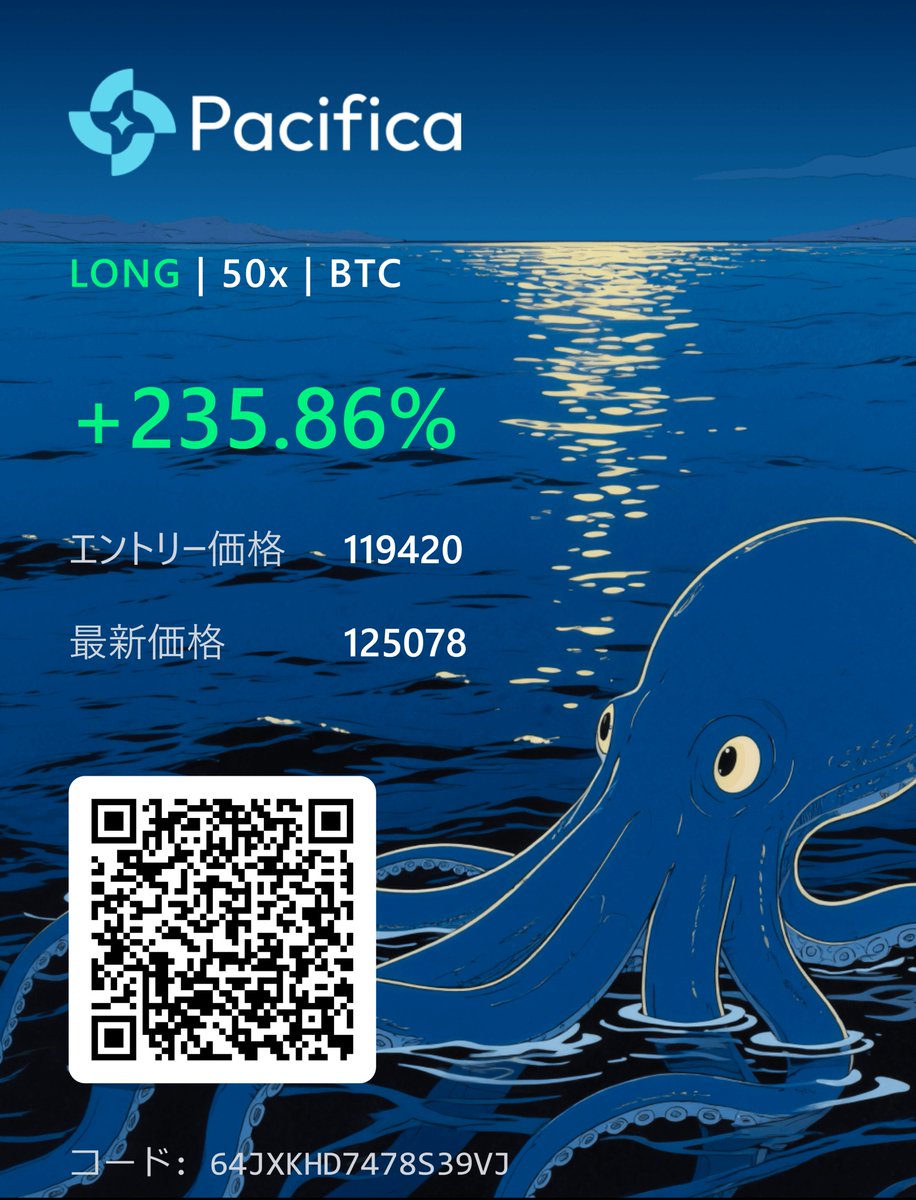 BTCのATHを信じて2日ほど握ってました。

 ポジの保有期間に対してもポイントってもらえたりするのかな。

<a href="/pacifica_fi/">Pacifica</a>でBTCパーペチュアルを取引
私の紹介コードを使用: 64JXKHD7478S39VJ app.pacifica.fi/trade?ref=64JX…