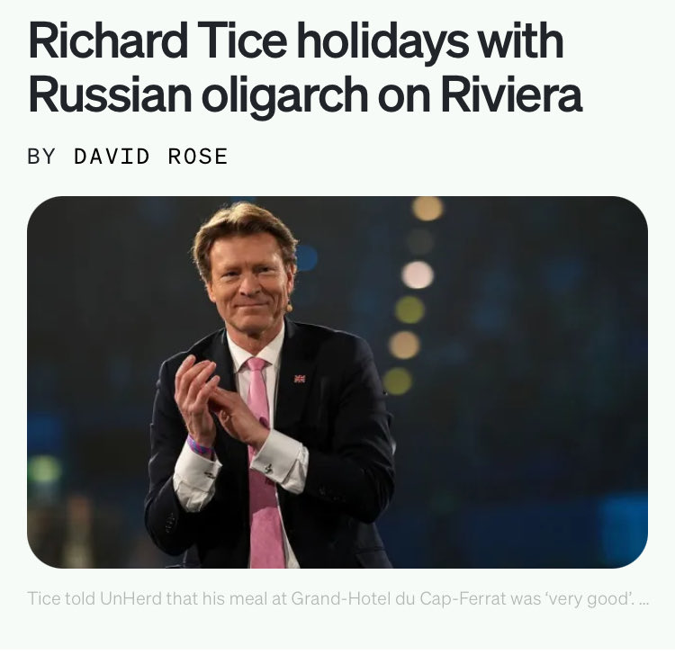RejoinP's tweet photo. ❓Should Reform be renamed Russia Party 🇷🇺?

Russian Oligarch gives:
💷 £2.1 million to the Tories
🎾 £160K to play tennis with Boris
🍷 Now Tice meets on the Riviera 🇫🇷 

Why is this not front page News?

🗳️Join the ONLY Party that wants a full investigation into Russian 🇷🇺 interference in Britain 🇬🇧 
👇👇👇
 https://t.co/BVdgcLI0WU