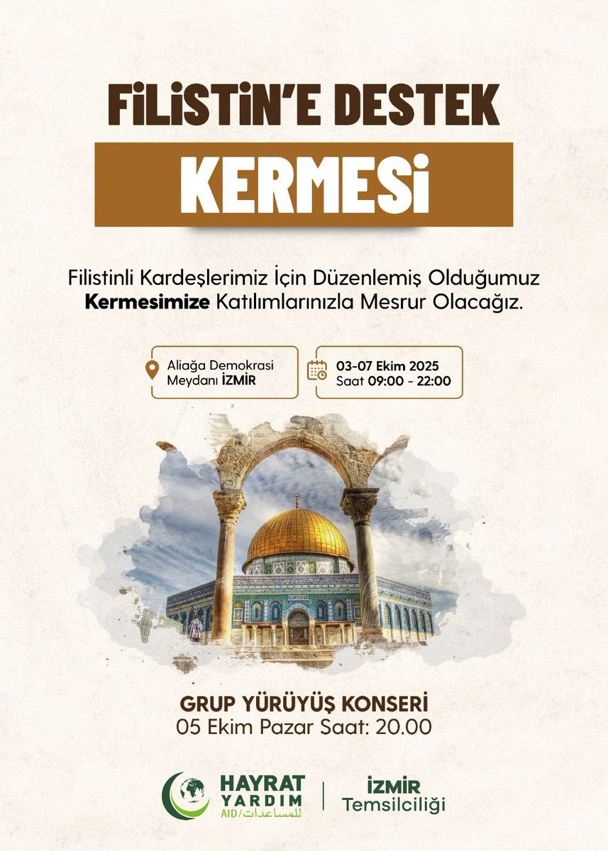 Bu akşam 20.00'de Aliağa Demokrasi Meydanı'nda olacağız inşallah. Filistin davasına gönül veren tüm dostları bekleriz. Hayrat Yardım İzmir Temsilciliği tarafından organize edilen etkinlikte #Gazze yararına "Hayır Çarşısı" da açık olacak.