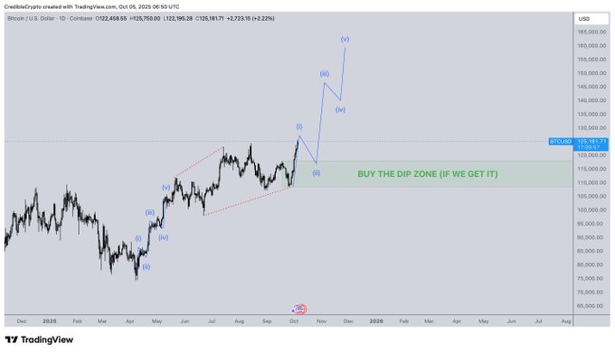 A line chart displaying Bitcoin price movements over time, with a green shaded demand zone labeled "BUY THE DIP (IF WE GET IT)" between 108k and 118k. Red and blue trend lines mark price levels, and arrows indicate upward price impulses. A watermark from TradingView is visible.