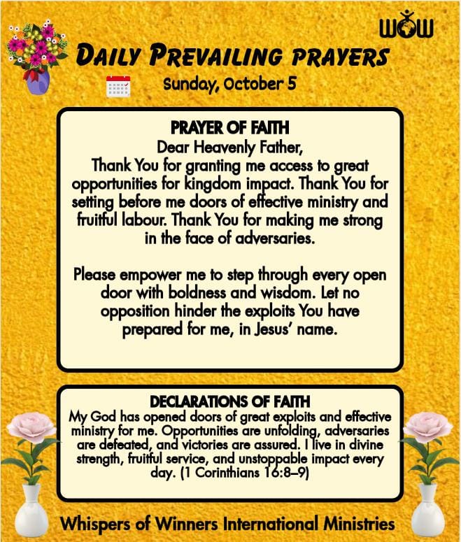 WinnersWhispers's tweet image. Daily Prophetic Prayers 

Dear Heavenly Father,
Thank You for granting me access to great opportunities for kingdom impact. Thank You for setting before me doors of effective ministry and fruitful labour. Thank You for making me strong in the face of adversaries.

Please empower…