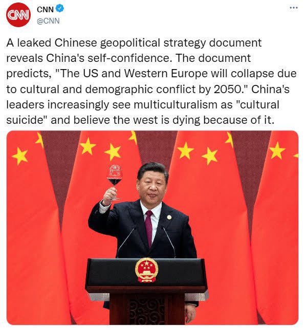 tomalxbr's tweet image. 🚨Les Chinois considèrent qu&apos;aucun pays ne peut survivre au multiculturalisme. 
Ils anticipent l’effondrement de l&apos;Occident d&apos;ici 2050 s&apos;il ne change pas radicalement de cap.
