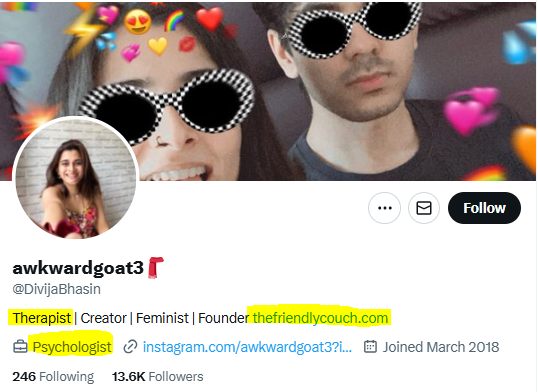 FeralGale's tweet photo. @alfucore Check her profile. She IS a therapist. She has mentioned in her bio. Her website even offers couples counselling. How did she even get a licence? https://t.co/Ed9gxEX5xM
