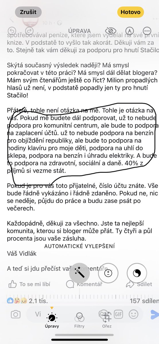 To je vtipný 😅. Předseda Stačilo Vidlák po výprasku ve volbách bezostyšně žebrá u svého funklubu peníze, aby nemusel pracovat 🤪 Taktně zamlčuje, ze strana dostane za hlasy 24 milionu.