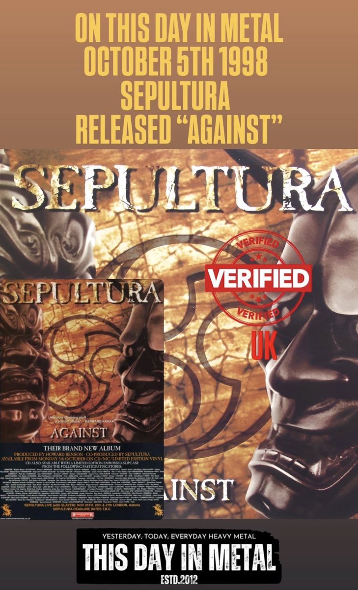 ThisDayInMETAL's tweet photo. October 5th 1998 ๐๐๐ฉ๐ฎ๐ฅ๐ญ๐ฎ๐ซ๐ released the album "Against" #Choke #Tribus #OldEarth #CommonBonds #FloatersInMud #Unconscious #HeavyMetal
๐๐ข๐ ๐ฒ๐จ๐ฎ ๐ค๐ง๐จ๐ฐ...
It was the band's first release with new frontman Derrick Green. https://t.co/AzZz1KTHmd