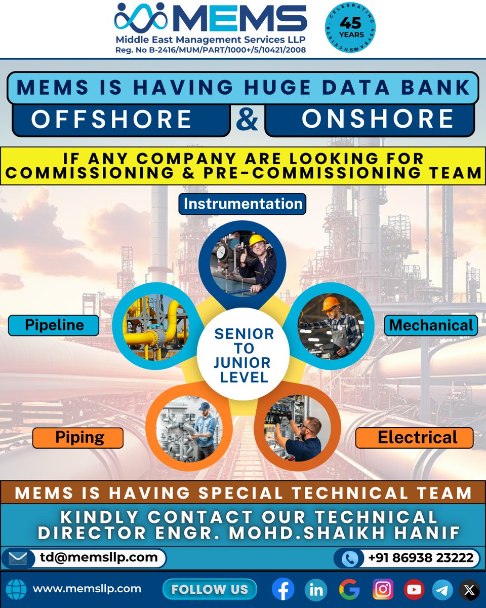 MEMS_Gulf_Jobs's tweet image. MEMS is Having Huge Data Bank OFFSHORE &amp;amp; ONSHORE.
If Any Company are Looking For Commissioning &amp;amp; Pre - Commissioning Team.

📞 Contact: Engr. Mohd. Shaikh Hanif
📧 td@memsllp.com
🌐 memsllp.com

#mems #technicalrecruitment #offshorejobs #onshorejobs #engineering