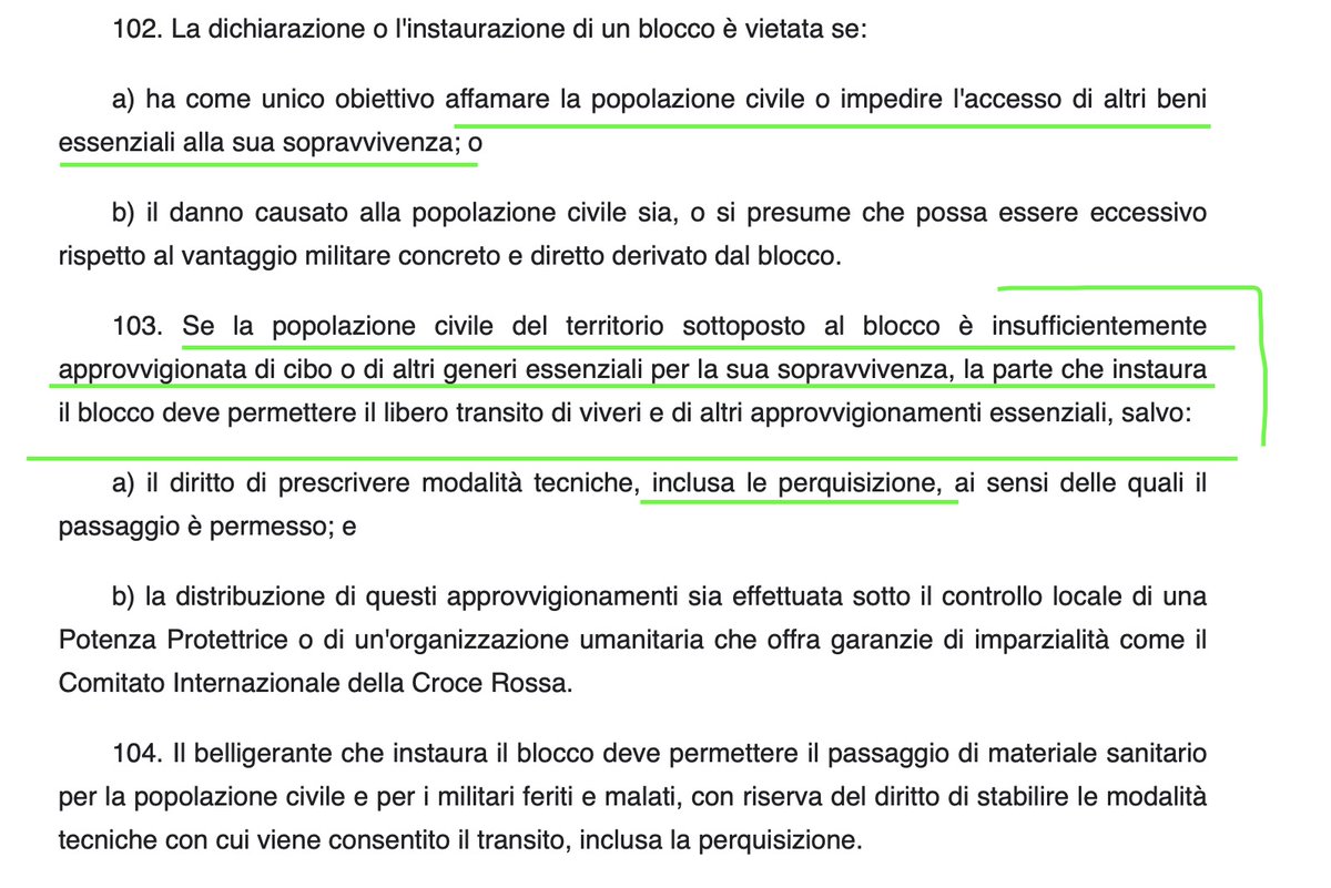 vitalbaa's tweet image. Quando si cita il Manuale di San Remo per sostenere la legittimità del blocco da parte del governo di Israele, bisogna citarlo bene e tutto, non limitandosi a fare cherry picking di ciò che conviene.

Un blocco navale NON DEVE affamare la gente e DEVE consentire il passaggio di…