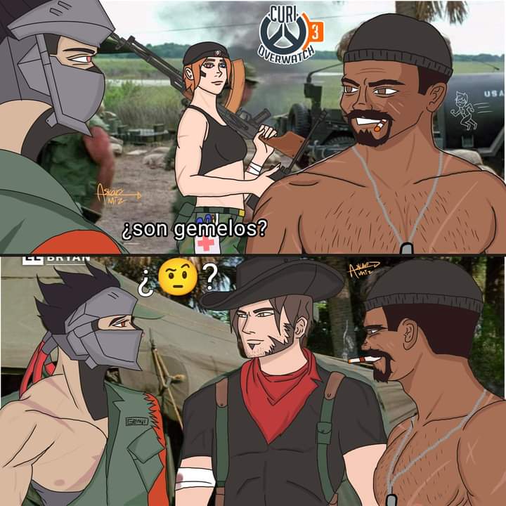 DoIssDam's tweet photo. Cassidy and Gengi when they arrived at BlackWatch:
"You twins?"
Art In FB (I can't see the signature :/
Src: Forrest Gump (1994)
Crt: Feb/23/24
#Overwatch2 #Overwatch2Fanart #Overwatch2art #BlackWatch #Moira #Reaper #Gengi #Cassidy https://t.co/d8F5L7CFr4