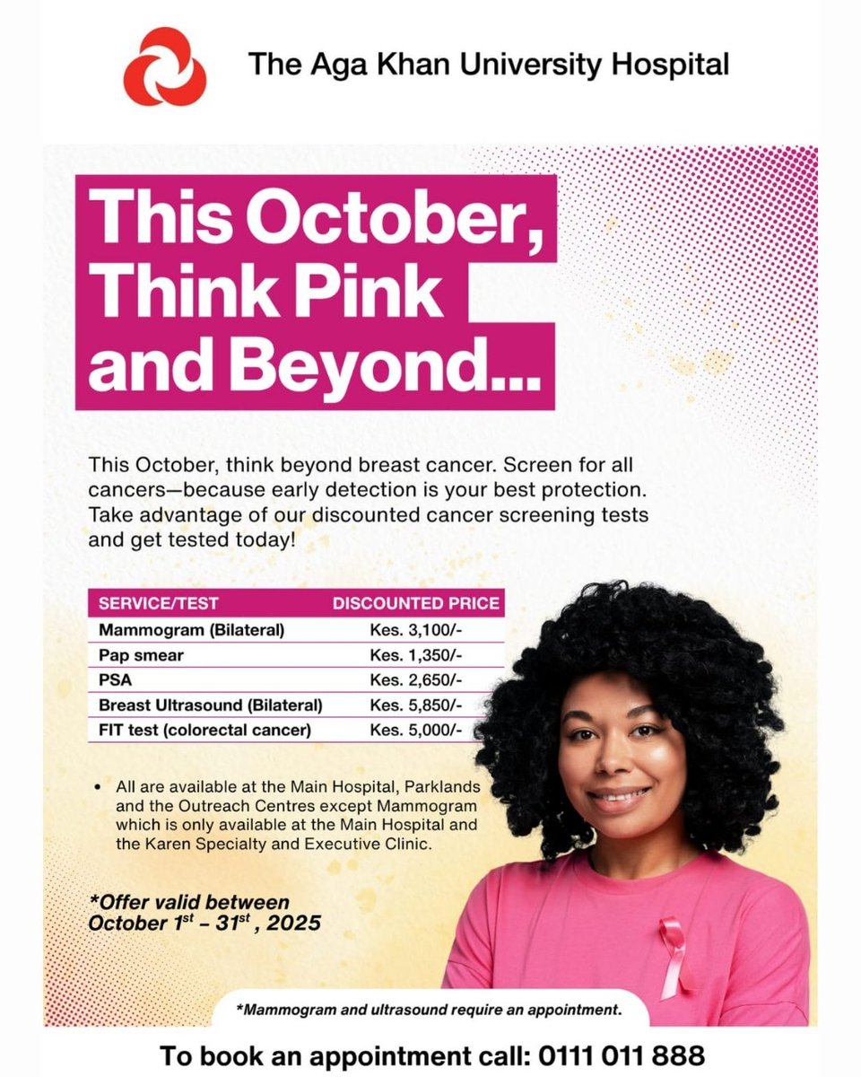 MVM_KE's tweet photo. Think Pink and Beyond this October! Get screened at Aga Khan University Hospital main branches and outreach centres — including right here at @mountainview_mall.
View the poster for full details and follow @AKUHNairobi for updates. 💗
#BreastCancerAwareness #AKUH #HealthFirst https://t.co/rzbxJN8y8y
