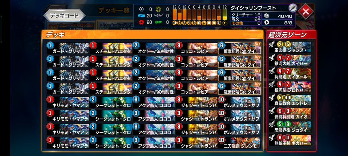 ▽デッキ名
ダイシャリンブースト
▽特徴
低コストの優秀な呪文が増えたのでダイシャリンがどんどん使いやすくなってるぞ!
マナを貯めたら大型クリーチャーで制圧だ!
▽思い
赤を入れる意味を見出したい
#デュエプレデッキビルド杯