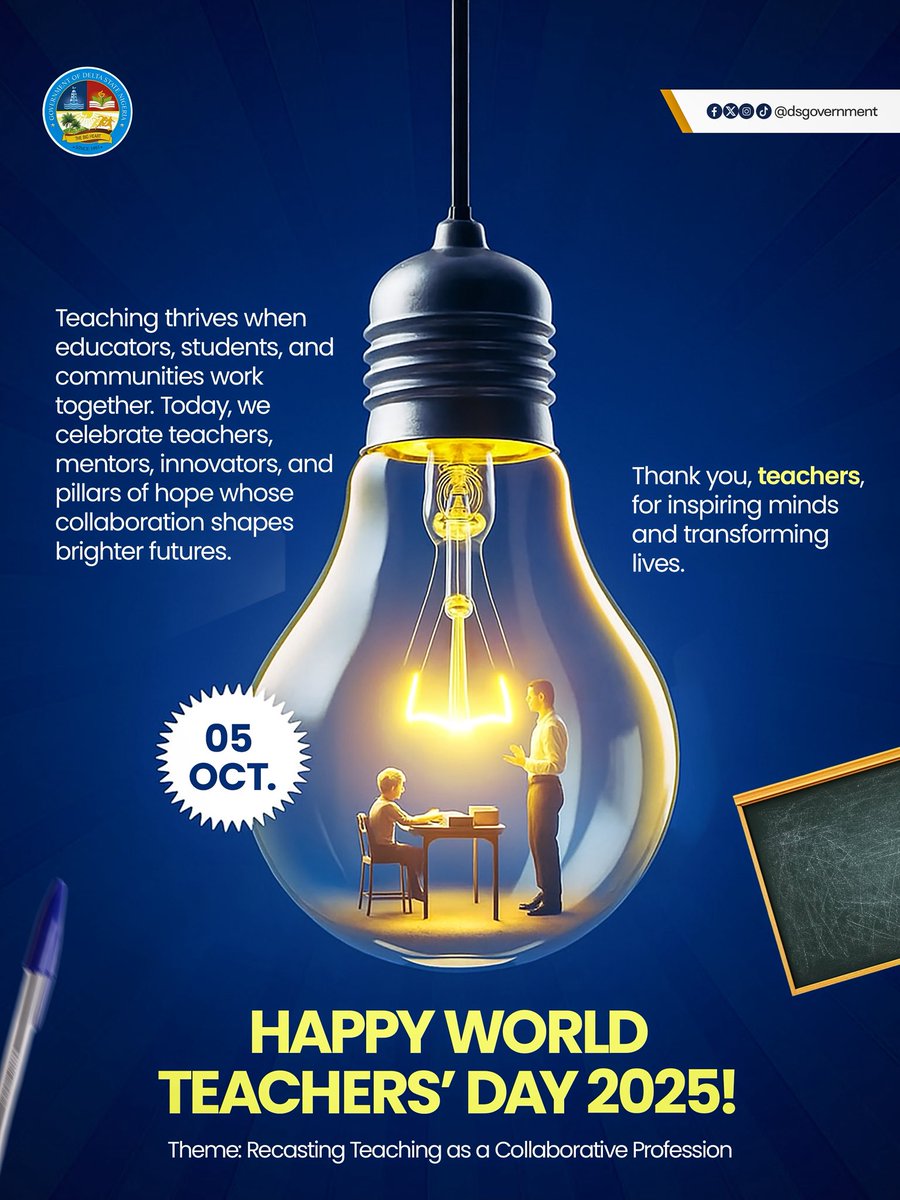DSGovernment's tweet image. Across every classroom, village, and city, teachers stand as the quiet architects of our future, shaping character, sparking curiosity, and inspiring generations to rise beyond limits. 

Today, we honour their resilience, creativity, and endless dedication to nurturing young…