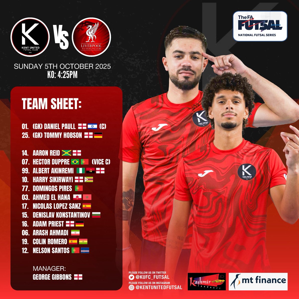Team sheet: 📋 

We’re back in Tier 1. ⚫️🔴⚪️
Kent United return to the top stage of English futsal — ready to compete, ready to make it count. Here’s your squad for our NFS Tier 1 opener against Liverpool futsal club.