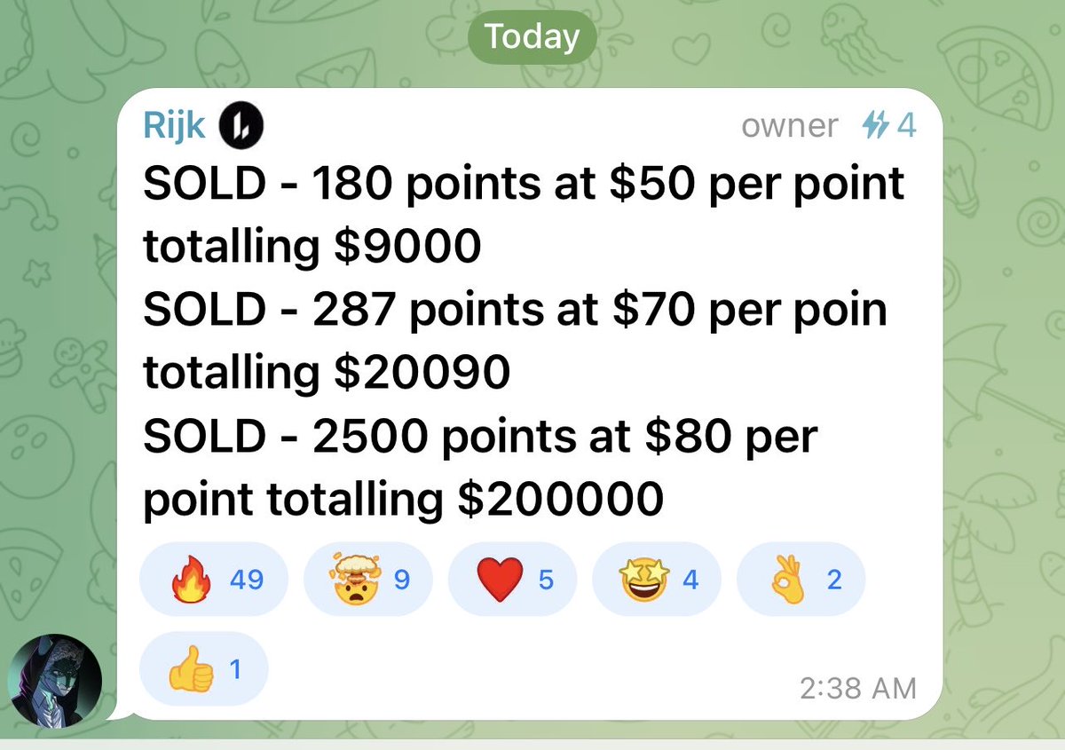 SigmaSquared_'s tweet image. 2.5k lighter pts sold at $80 per point on @LighterOTC 

Reminder that I am part of the lighterOTC multi-sig (which is 3/4), if you want to buy or sell lighter pts contact @Rijk__