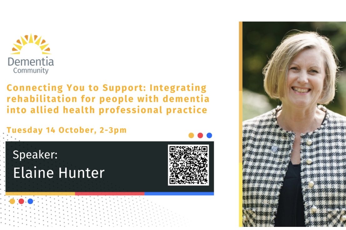 elaineahpmh's tweet photo. Join me on #AHPsDay for the rescheduled Dementia Community webinar Connecting You to Support. Integrating rehabilitation for people with dementia into allied health professional practice. Book here.
https://t.co/7MixRbCMZ3 #AHPsDayScot #AHPsScot @JDementiaCare @alzscot https://t.co/VWSNuV6NOv