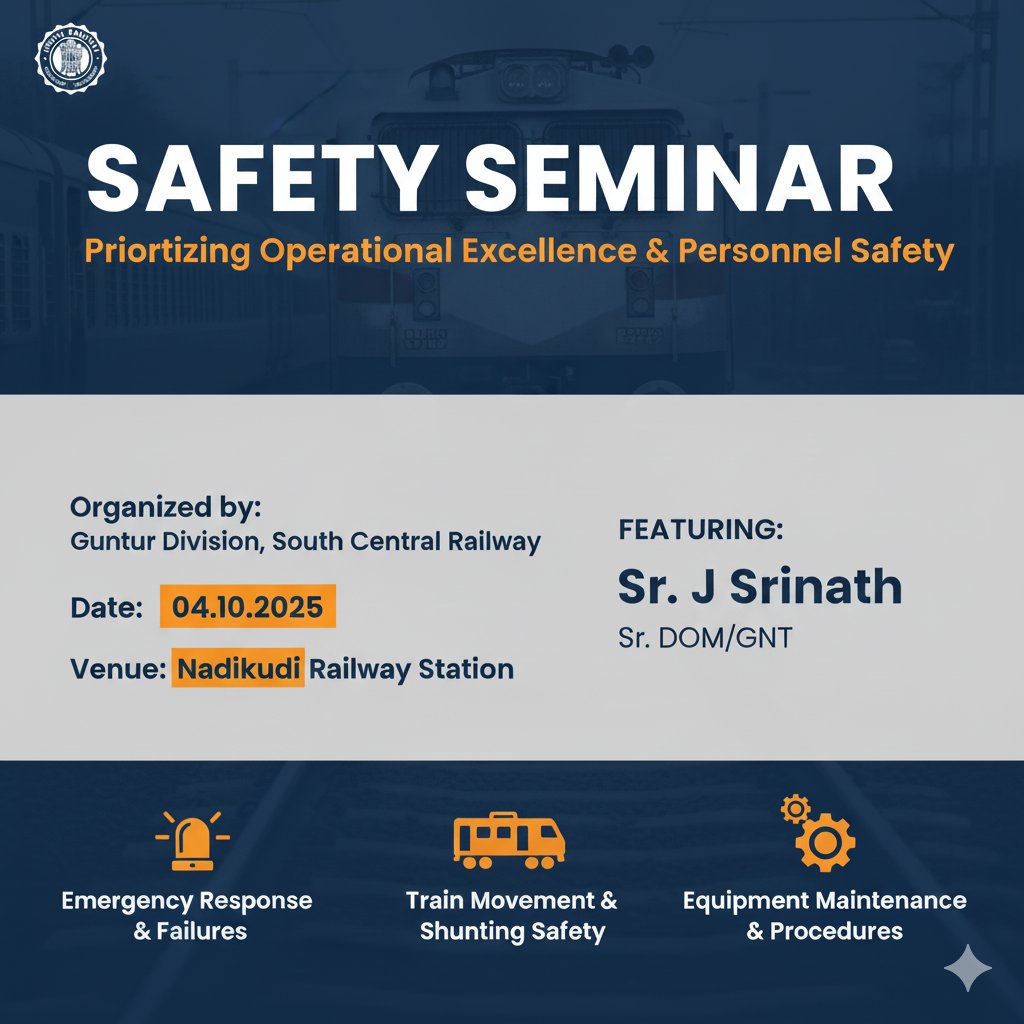 drmgnt's tweet photo. #Safety Seminar at #Nadikudi #Railway Station Conducted by Sr.DOM/GNT covering key operational safety topics:
Sub-route & #Emergency route cancellation #LCGate procedures (normal & abnormal)
#Shunting precautions & vehicle securing
#Safety #seminar #SafetyFirst https://t.co/TIZdqI33S5