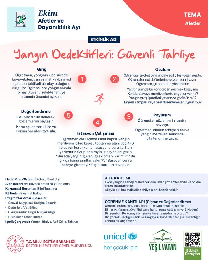 A colorful document titled "Yangın Dedektifleri: Güvenli Tahliye" with text in Turkish. It includes numbered steps (1 to 5) describing fire safety activities for students, a running figure, and logos for UNICEF and Yeşil Vatan. Text mentions "Ekim Ayı Afet ve Dayanıklılık" and includes a QR code.