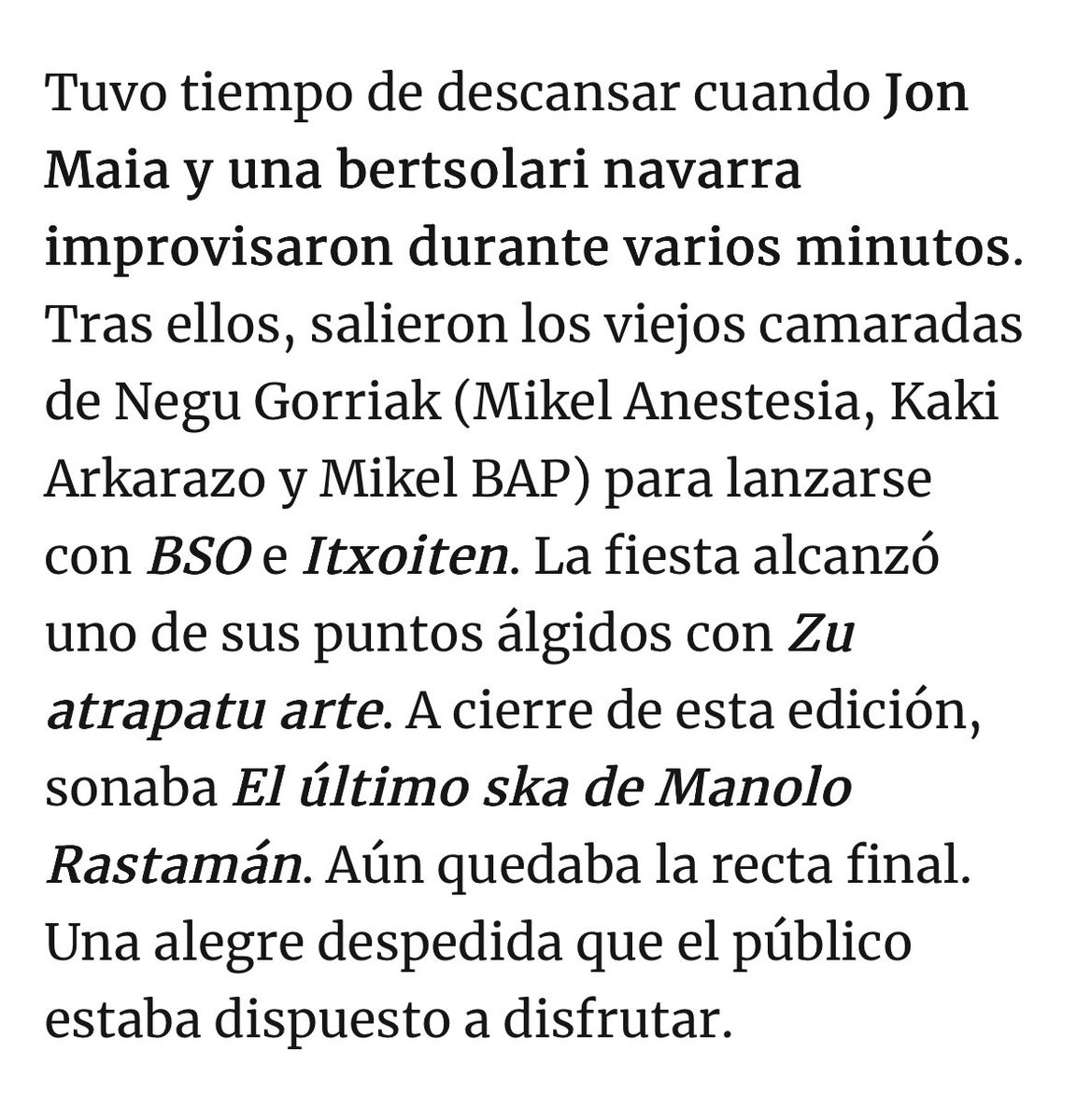 ⁦La bertsolari navarra que participó en el concierto de Fermín Muguruza se llama Saioa Alkaiza Guallar. 
2021eko Nafarroako bertsolari txapelketa irabazi zuen, Igartza bekari uko egin diona. Larria eta adierazgarria bere izena ez aipatzea. ⁦⁦⁦<a href="/NoticiasNavarra/">Diario de Noticias</a>⁩