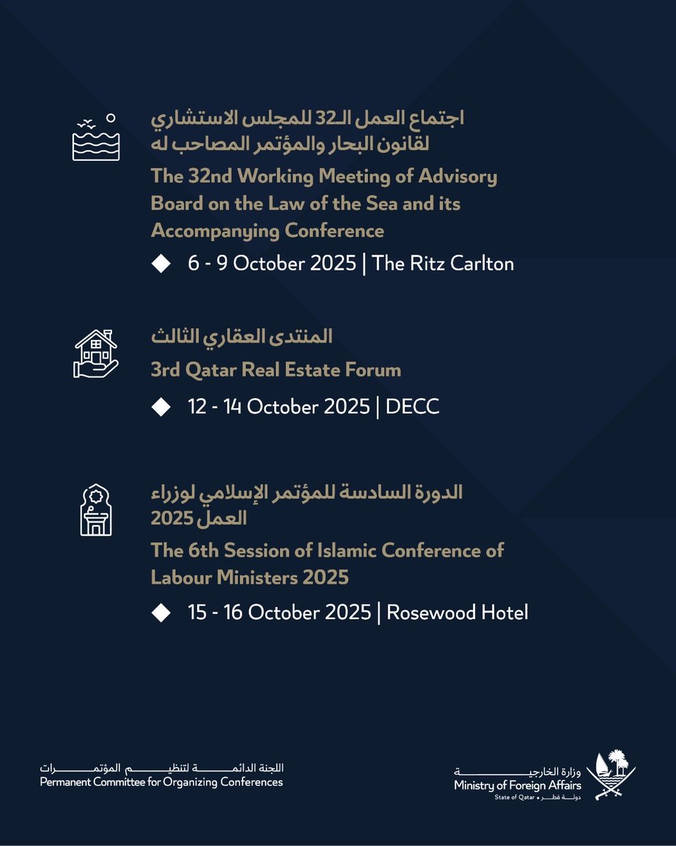 PCOCMOFA's tweet photo. من المقرر أن تستضيف دولة قطر خلال شهر أكتوبر مجموعة من أبرز العقول والخبراء، من وزراء وصنّاع سياسات ومختصين، وذلك عبر فعاليات كبرى تشمل: منتدى قطر العقاري، والاجتماع الوزاري لمنتدى الدول المصدّرة للغاز، إلى جانب النسخة السابعة والعشرين من مؤتمر الآثار والتراث الحضاري في العالم العربي الذي تنظمه الألكسو.

للاطلاع على آخر المستجدات والمتابعات حول هذه الفعاليات الدولية التي تحتضنها قطر، يمكنكم متابعة حساب: @PCOCMOFA 

Qatar is set to host leading minds this October, bringing together ministers, policymakers, and experts at major events including the Qatar Real Estate Forum, the Gas Exporting Countries Forum Ministerial Meeting, and the 27th AlecsoArchaeological Heritage Conference.
Follow @PCOCmofa for updates on Qatar’s major international events and global dialogues.