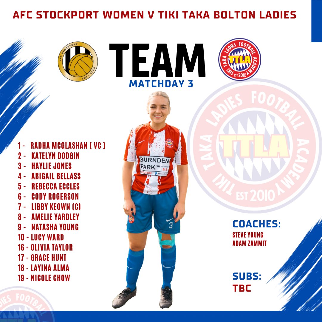 ⚪️🔵 MATCHDAY LINEUP! 🔵⚪️

Our Tiki Taka Ladies FA squad is locked in and ready to take on AFC Stockport Ladies today!

Here is your Squad:

Let’s go, Ladies! Bring the energy! 💪

#TikiTakaLadiesFA #WomensFootball #Matchday #StartingXI #TTLFavAFC
