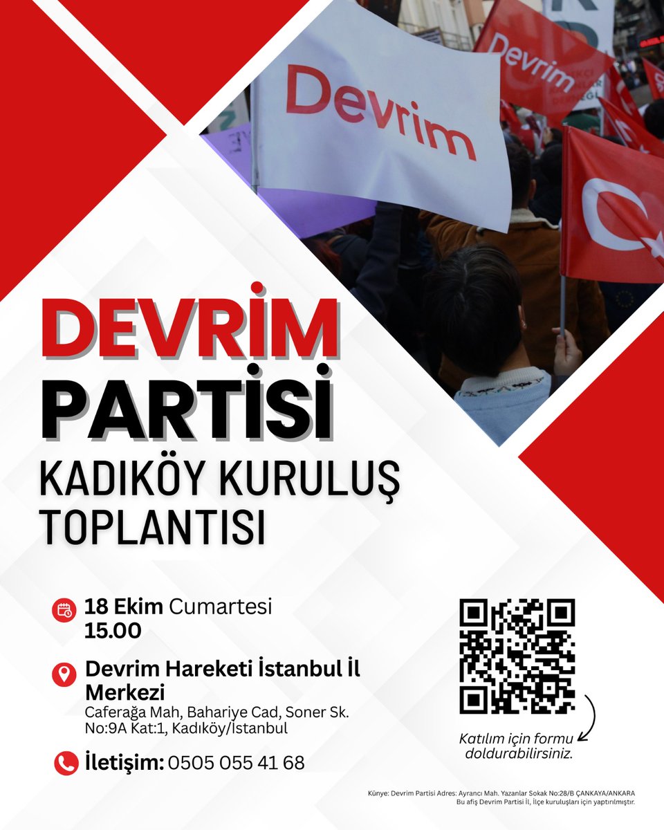 📢 Devrim Partisi Kadıköy Kuruluş Toplantısı 

🗓 18 Ekim Cumartesi

📍 Devrim Hareketi İstanbul İl Merkezi

⏰️ 15.00

👉 devrim.org.tr/katil/