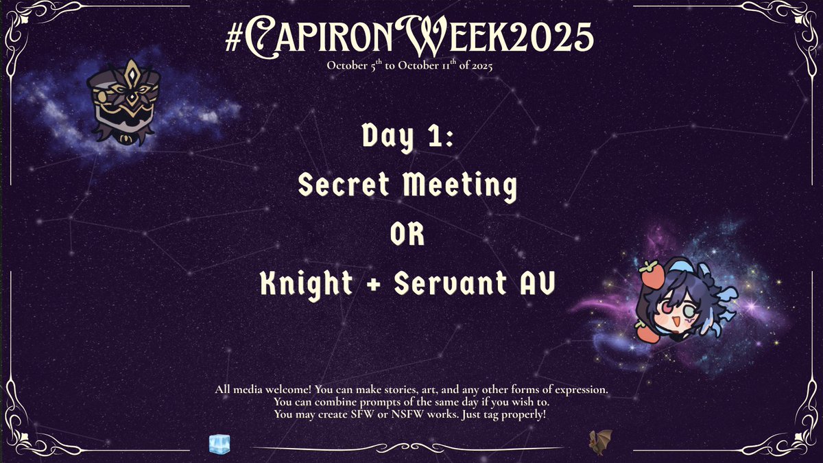 The very 1st Capiron Week has just commenced!

We are starting off with Day 1 Prompts which are “secret meeting” and “knight &amp; servant AU”.

Please remember to tag your work with #CapironWeek2025 so we can easily find your creations!

Late work is accepted 🧊🦇