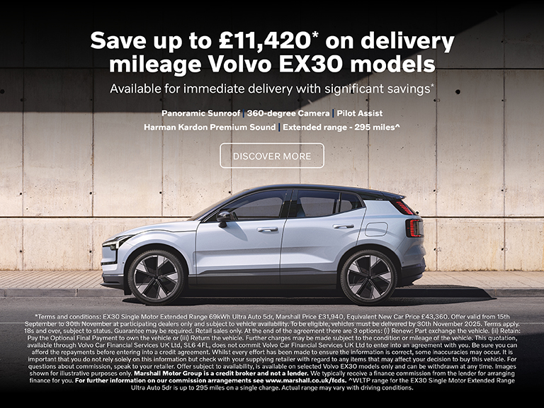 Discover our amazing offer on delivery mileage #Volvo EX30. Big electric performance in a small package.
 
See > marshall.co.uk/volvo/used-car…
