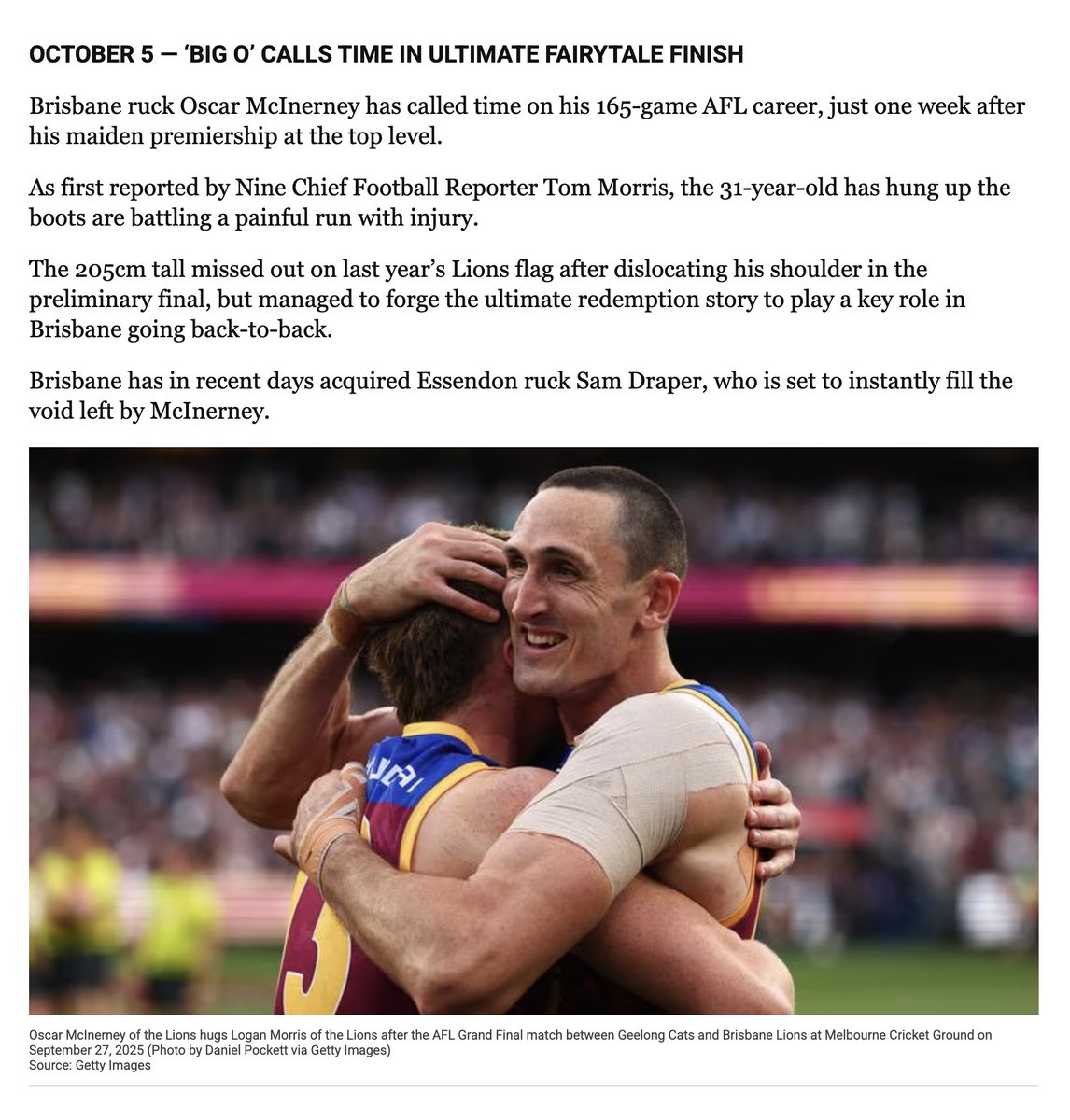 MaseyDesign's tweet photo. Say it ain't so, Big O!!!!!

I think we all knew this was coming, but it doesn't make it any easier to accept. 😢

What a champion who thankfully was able to bow out in the best way possible! #brisbanelions https://t.co/qFIJ7xcuSN