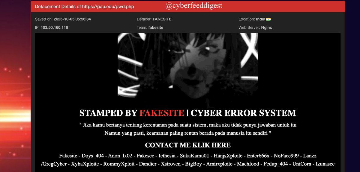 cyberfeeddigest's tweet image. 🎓 Educational Website #Hacked | #India 🇮🇳

An academic domain was reportedly #defaced by FAKESITE of the fakesite team.
Defaced page: hxxps://pau[.]edu/pwd.php
#CyberSecurity #Hacktivism