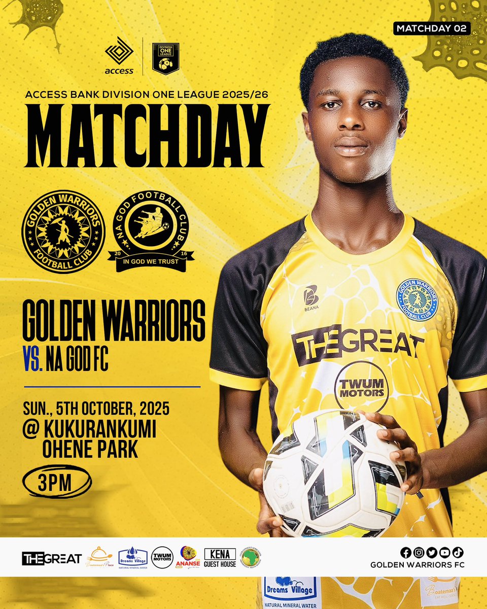 IT’s ᗰᗩᎢᑕᕼᗞᗩᎩ in Akyem Kukurantumi
We play host to Na God FC at Home 🔵🟡⚫️

#goldenwarriors #gwfc #warriors