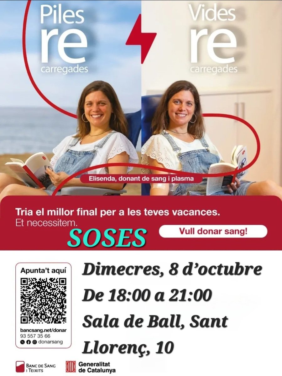 #SOSES
Dimecres,8 d’octubre
De 18:00 a 21:00
Sala de Ball,Sant Llorenç,10
@donants_urgell @Donants_segarra <a href="/hospitalclinic/">Hospital Clínic</a> <a href="/COMBarcelona/">Col·legi Metges BCN</a> @FCDS <a href="/COMLLEIDA/">Col·legi de Metges de Lleida</a> <a href="/morenin69/">Morenin69 Alcarràs</a> <a href="/semgencat/">SEM. Generalitat</a> <a href="/dsangPLAdURGELL/">donantssang_plaurgell</a> <a href="/donants_segria/">Donants Sang Segria</a> <a href="/donarsang/">Banc de Sang</a> <a href="/Bancdesang/">BANCESANGSALLEBCNETA</a> @Salutcat
