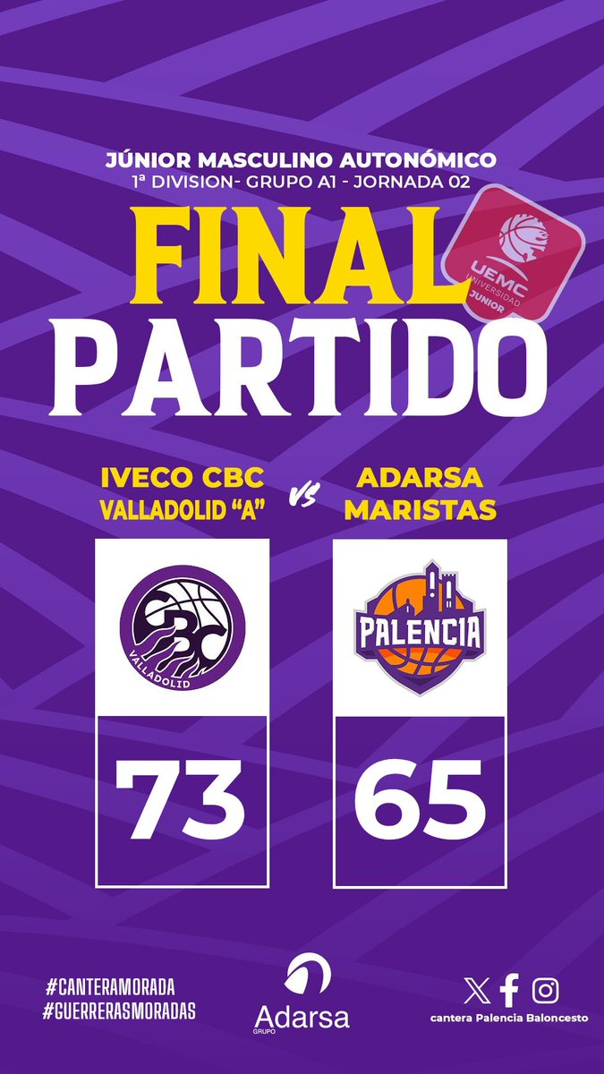 PBcantera's tweet image. 🏆 #JunMasCyL #LigaUEMC - 1a División
📆 Jornada 02

🏀FINAL

🟣 @CBC_Valladolid
⚪ @PBcantera

Tras un partido igualado, los nuestros caen ante el conjunto vallisoletano que fue mejor en los minutos decisivos

Nos vemos en Palencia

💜 #CanteraMorada
#CDMaristas
#VamosMorados