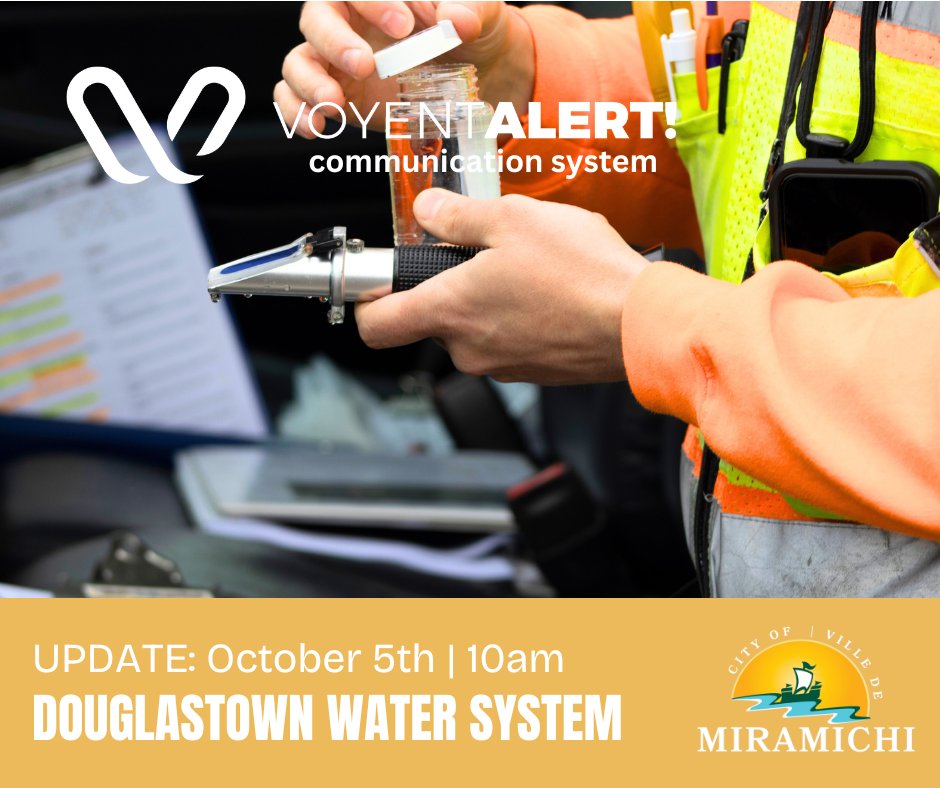 Douglastown Water Update – Oct 5, 10AM
Boil water advisory remains in effect. System stabilized; flushing continues today. Water samples being tested—order lifted once results are clean. Updates to follow.
Info: Public Works 506-623-2020.