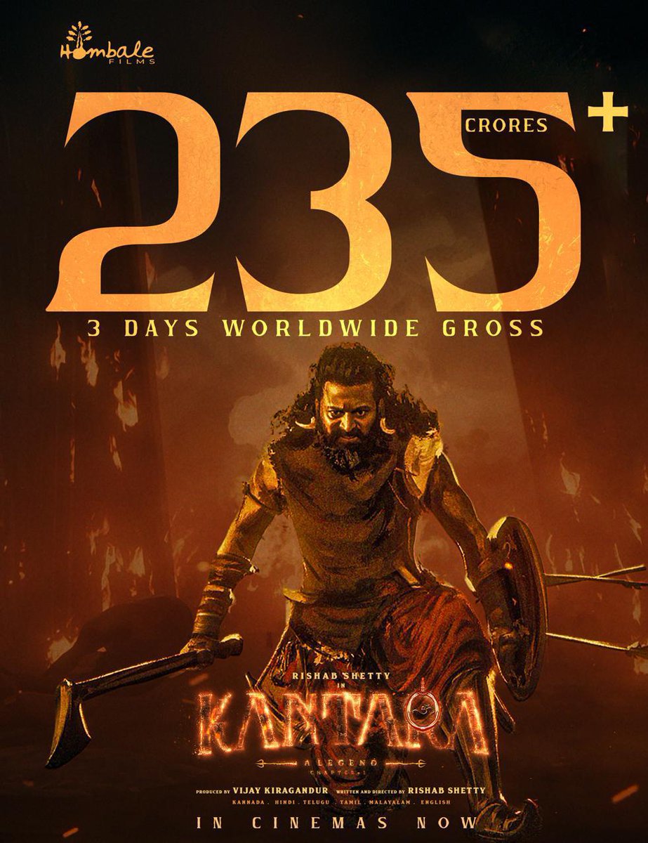MovieTakk's tweet photo. #KantaraChapter1 storms to ₹235Cr+ WW in 3 days! D1: ₹90Cr, D2: ₹151Cr, D3: unstoppable! Rishab Shetty’s epic set to be 2025’s biggest grosser. #Kantara2 #BoxOfficeBeast https://t.co/LJwth08THx