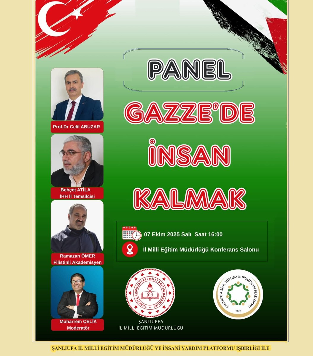 AKSA TUFANI YIL DÖNÜMÜNDE PANELE DAVET!

 Şanlıurfa İl Milli Eğitim Müdürlüğü ve Şanlıurfa STK Platformu iş birliğiyle düzenlenen “Gazze’de İnsan Kalmak”konulu programa bekliyoruz.

📅 Tarih: 07 Ekim 2025 Salı
🕓 Saat: 16.00
📍 Yer:Milli Eğitim Müdürlüğü Konferans Salonu
#stk