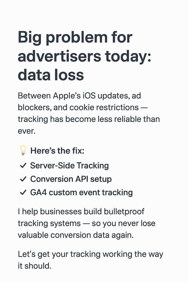 Freelancer87875's tweet photo. I help businesses build bulletproof tracking systems — so you never lose valuable conversion data again.
Let’s get your tracking working the way it should
#GoogleAds #MetaAds #PerformanceMarketing #AdTech #MarketingStrategy #TrackingSetup #ServerSideTracking #ConversionAPI #GA4 https://t.co/h5iGVDhINH