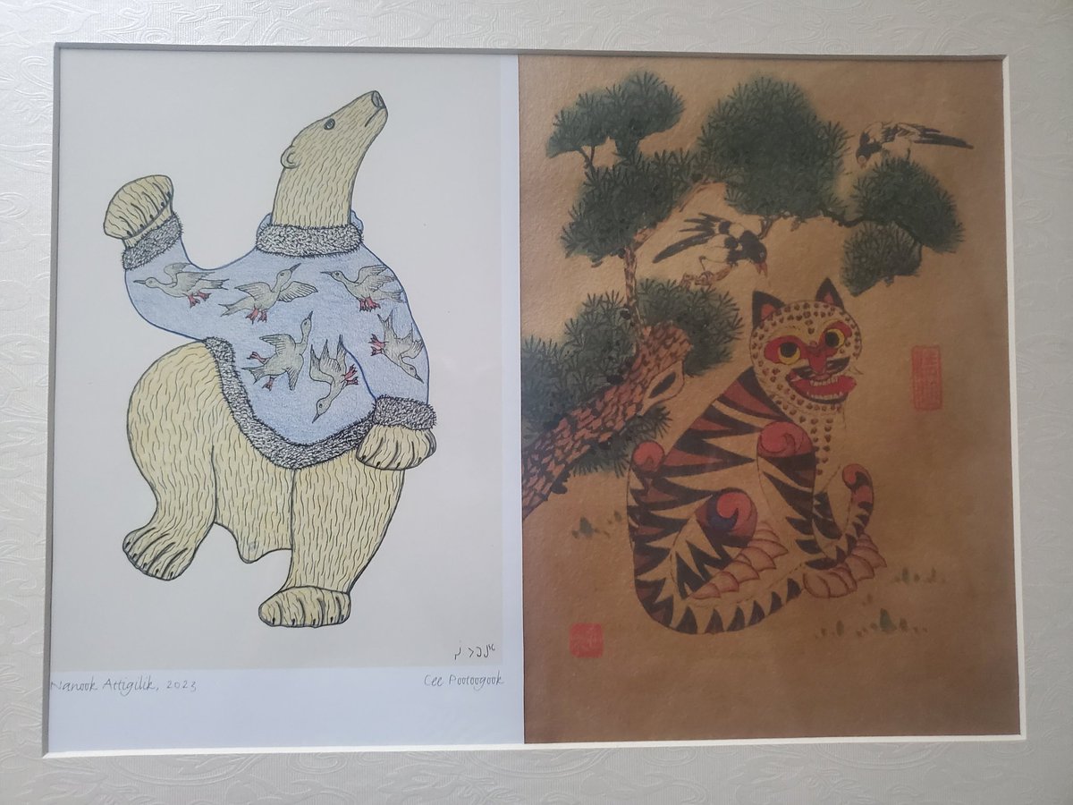 d1w2d1w2's tweet image. Two animal portraits—polar bear in Indigenous Canadian style, tiger in Korean ink—coexist in a frame of raw aesthetic power. Unsullied, agile, and vivid, they radiate a harmony and jubilant charm beyond imagination.