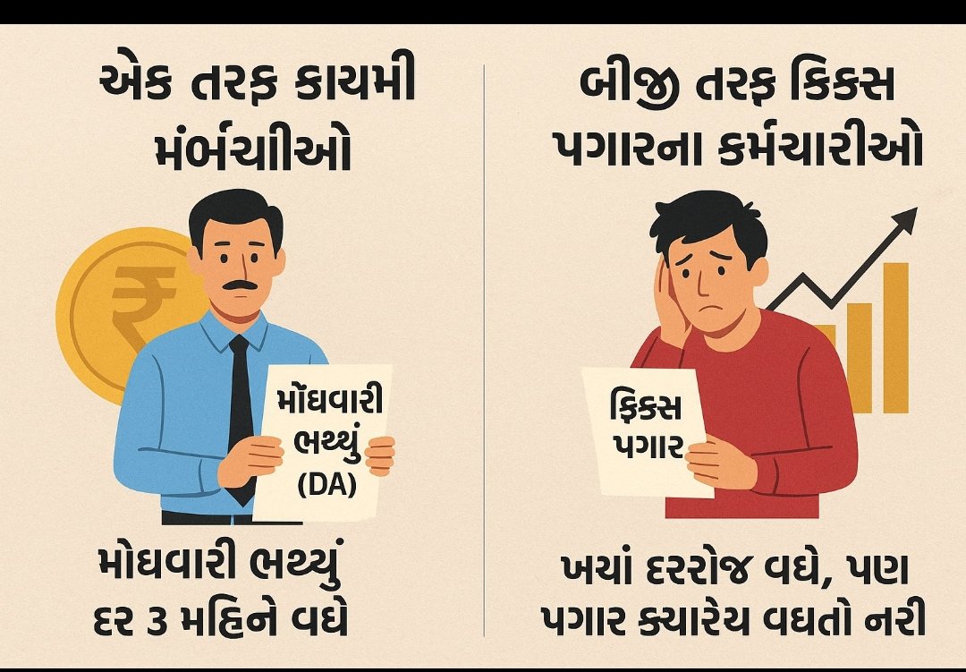 🪔 દિવાળી સામે, દશેરા આજે, જન્માષ્ટમી ગઈ
💰કાયમી કર્મચારી: મોંઘવારી ભથ્થું અપડેટ ✅
💼ફિક્સ પગાર કર્મચારી: પગાર તો ફિક્સ જ
શું ફિક્સ પગાદર કર્મચારીને મોંઘવારી નથી નડતી!? શું તેમને પરિવાર નથી?
<a href="/narendramodi/">Narendra Modi</a>
<a href="/Bhupendrapbjp/">Bhupendra Patel</a>
<a href="/BJP4Gujarat/">BJP Gujarat</a>
 #Remove_Fixpay_in_gujarat
#Remove5yearFixpay